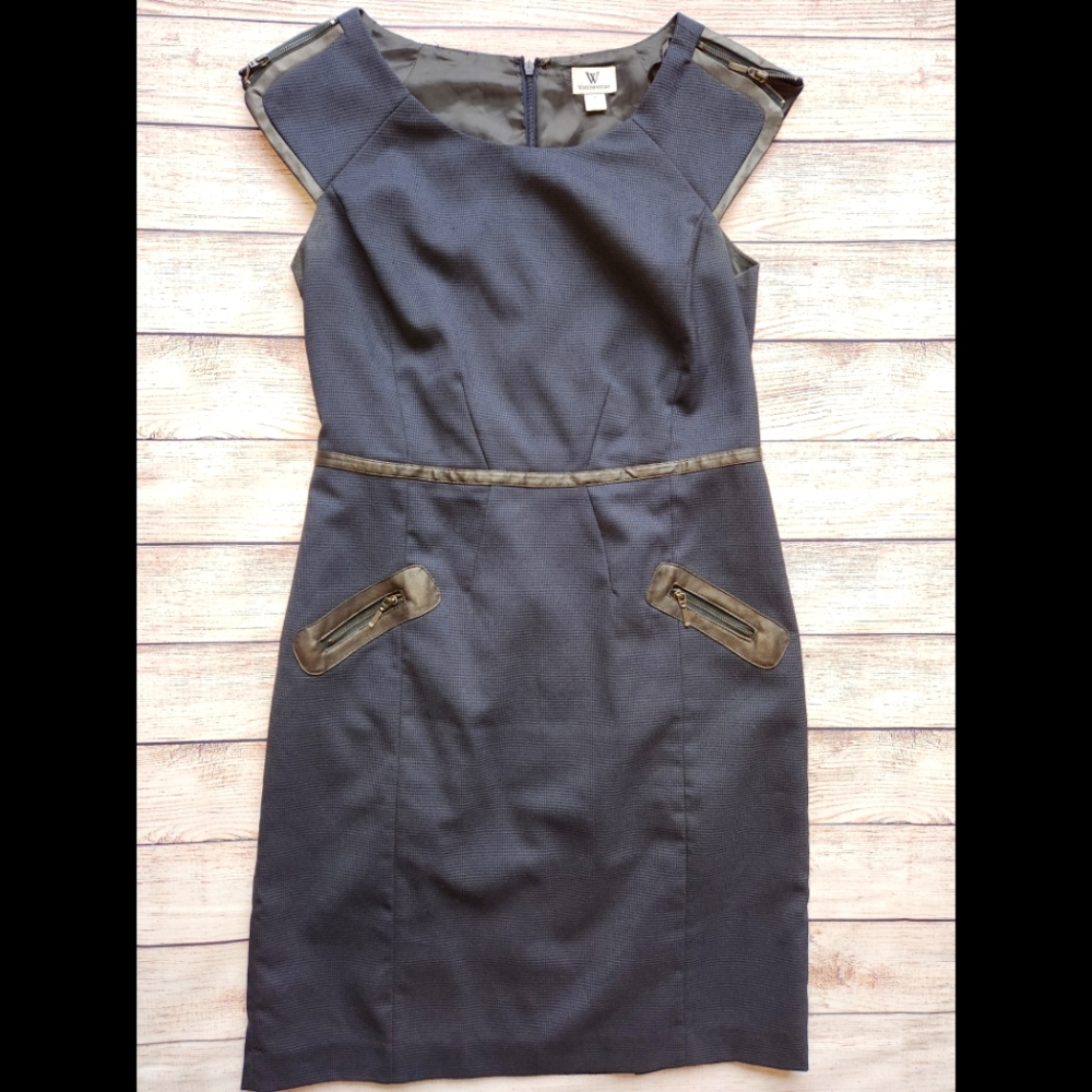 Worthington Navy Houndstooth Dress with Black Leather Zipper Trim Womens Size 8